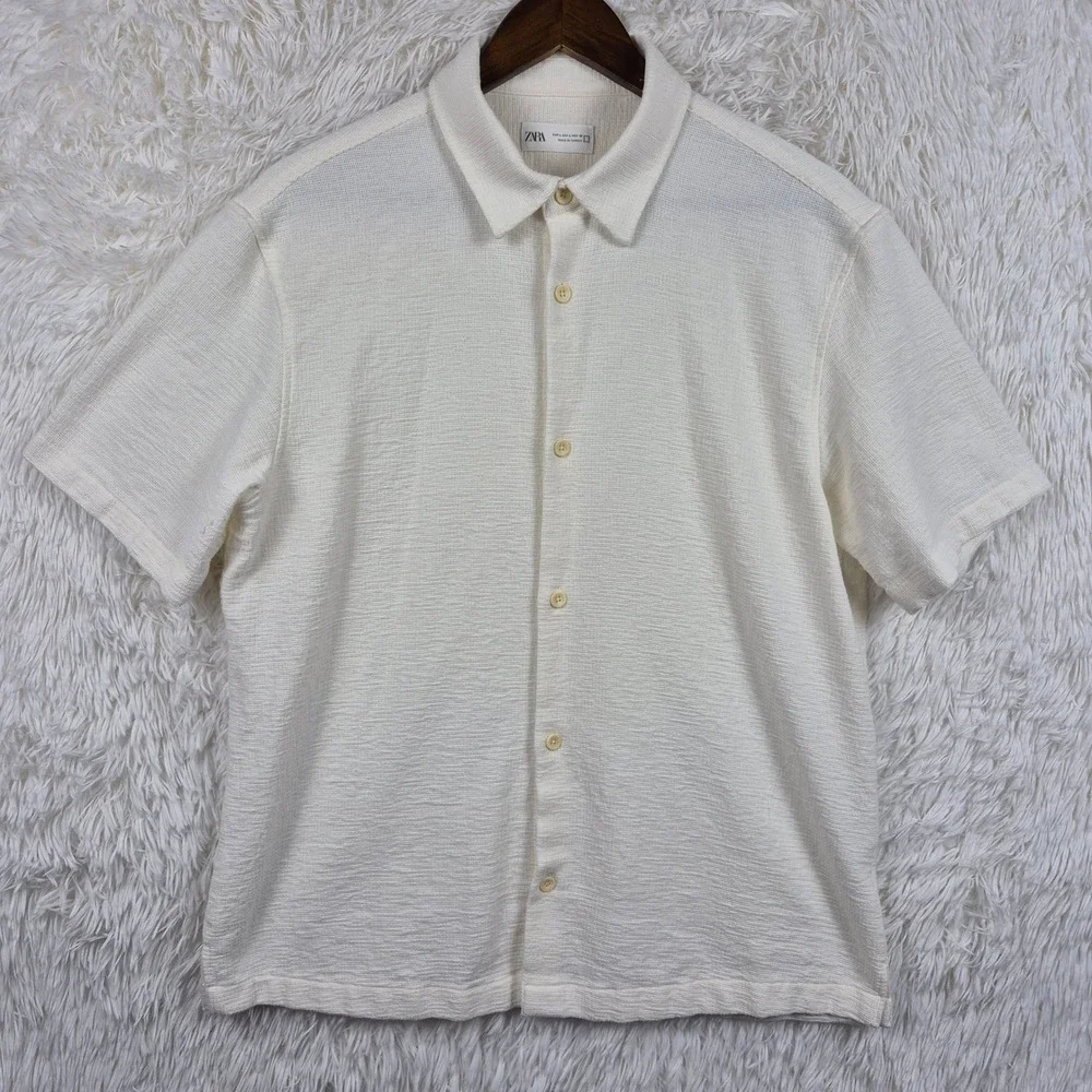 Zara Mens Crochet Textured Short Sleeve Button Down Shirt Off White Cream Large